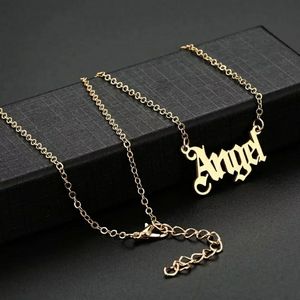 Gold ANGEL Old English Word Pendant Necklace Statement Chain Message Jewelry
